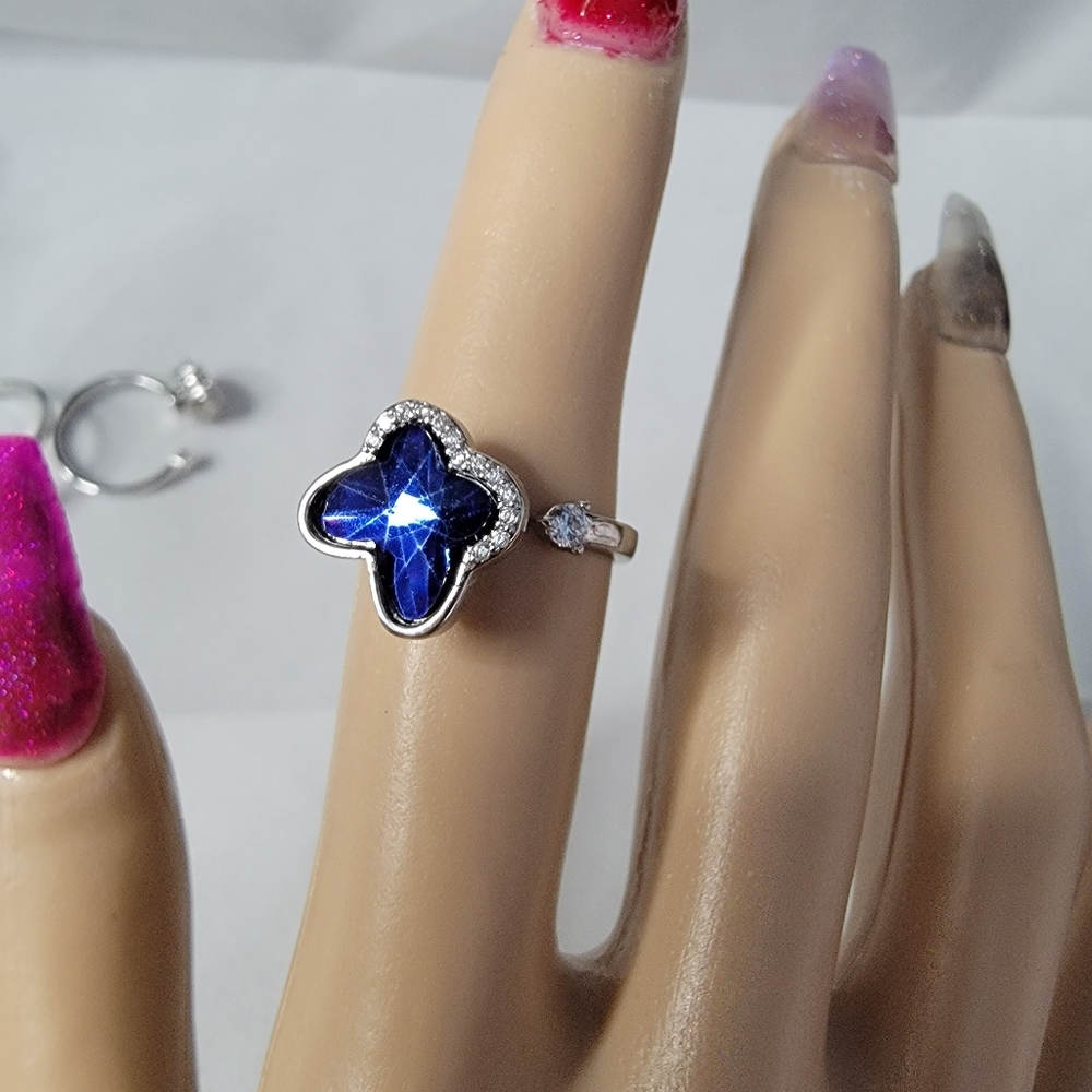 Silvertone Fidget Spinner Ring, Adjustable, CZ, Butterfly